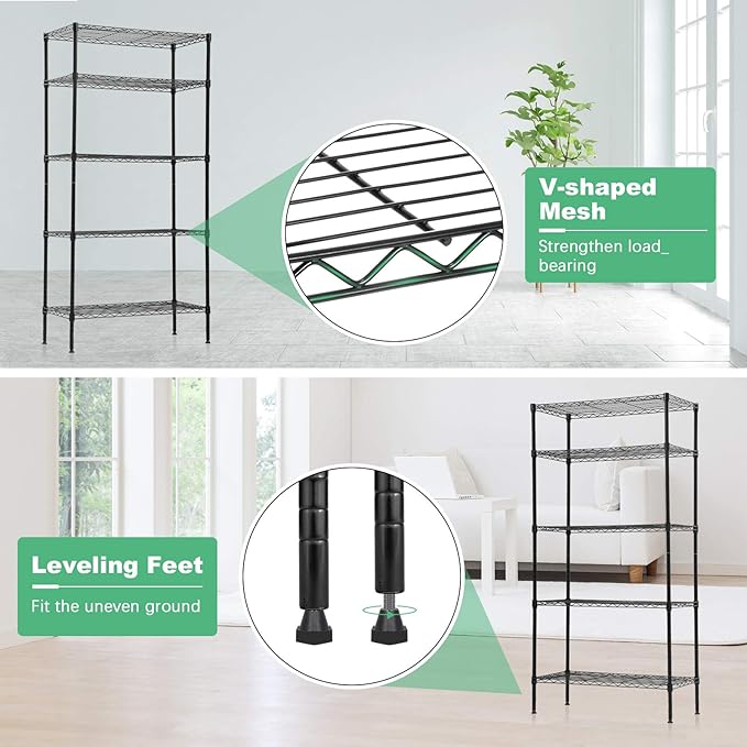Metal Shelves 5-Tier Wire Shelving Unit 24" Lx 14" Wx 60" H Heavy Duty Storage Shelf Rack for Restaurant Garage Kitchen Laundry Pantry Storage Space-Saving, Black