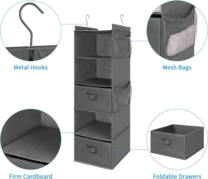 MAX Houser 5 Tier Shelf Hanging Closet Organizer, Cloth Hanging Shelf with 2 Sturdy Hooks for Storage, Foldable (Grey-D2)-NeatNest