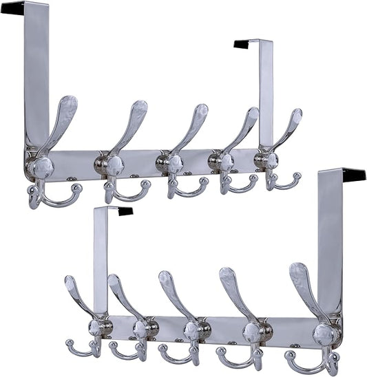 Dseap Over Door Hook 2.0 - Upgraded Version - Simple-Assembly, Strong, Heavy-Duty Stainless Steel 5-Tri-Hook Over The Door Hanger Rack, SimpleStrong Series, Chromed, Pack of 2