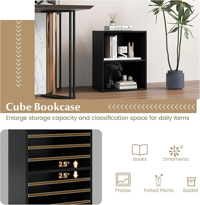 Giantex Bookshelf and Bookcase Set of 2, 2-Cube Storage Shelf W/Large-Capacity Open Storage Space for Living Room Bedroom Study Office Multi-Functional Furniture Display Cabinet, Black