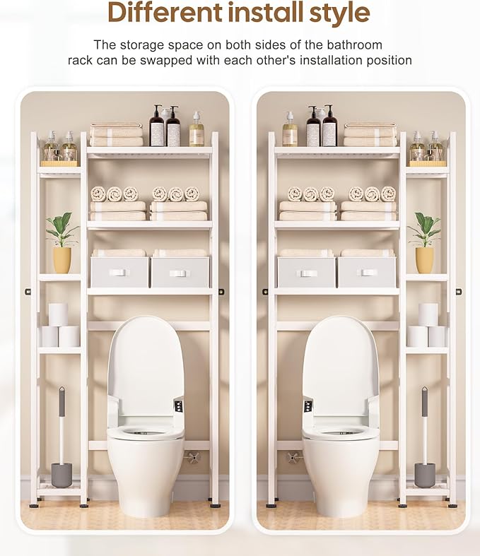 Homde Over The Toilet Storage with Basket and Drawer, Bamboo Bathroom Organizer with Adjustable Shelf & Waterproof Feet Pad, Space Saver Rack for Restroom, Laundry,White-NeatNest
