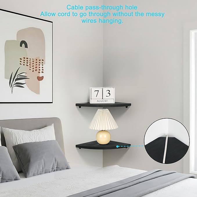 Corner Wall Shelves Set of 2, Rustic Wood Corner Floating Shelves with Cable Raceway, Wall Mount Storage Display for TV Accessories, Baby Monitor (Black, Fan-shaped-10 Inch)-NeatNest
