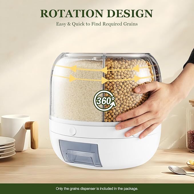 360° Rotating Grains Dispenser, 6 Grids Dry Food Dispenser, Round Multigrain Tank Cup Dry Rice Container with Sealed Lid, Grains Cans Grain Storage Tank for Home Kitchen, Can Hold 13lbs, White-NeatNest
