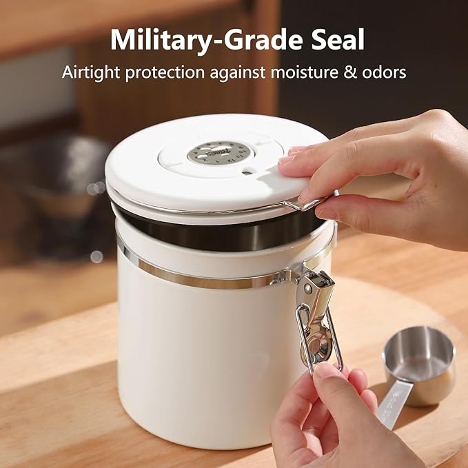 Bincoo Coffee Canister, Airtight Stainless Steel Coffee Bean Storage Container with Date Tracker, Home Kitchen Food Storage Organizers for Grounds,Beans,Espresso,Sugar,Scoop,Bar (1200ML-White)-NeatNest