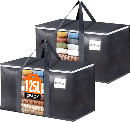 HomeHacks 2 Pack Extra Large Moving Bags with Visual PVC Window & Zippers, Storage Totes with Reinforced Handles, Heavy Duty Storage Bags for Packing, Moving, Storage (125L,Grey)
