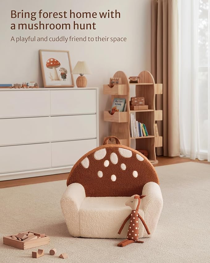 Blissful Diary Toddler Chair Comfy, Foam Kids Chair with Soft Teddy Plush, Toddler Reading Armchair with Cute Mushroom Designs- Brown-NeatNest