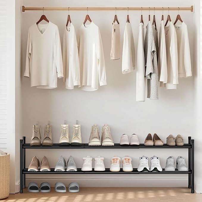 STORAGE MANIAC Long Expandable Shoe Rack, 12 Pairs Metal Wide Stackable Shoe Rack, Adjustable Shoes Shelf, Freestanding Shoes Organizer for Closet, Entryway, Hallway, Garage, Front Door, 2 Tiers-NeatNest