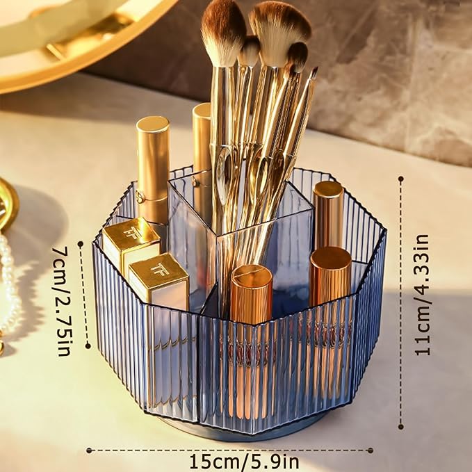 LINFIDITE 360°Rotating Makeup Organizer Holder Cosmetic Display Case Clear Makeup Brush Lip Gloss Organizer Case with 5 Slots Round Turntable Storage Tray for Vanity, Bathroom, Counter Organizer Blue-NeatNest