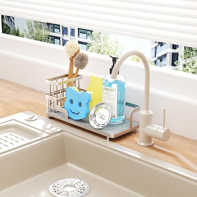 Consumest Sponge Holder for Kitchen Sink - Sink Caddy Organizer with Water Absorbing Stone Tray, Detachable Brush Holder, Stainless Steel Kitchen Counter Organizer Rack, Sand Nickel-NeatNest