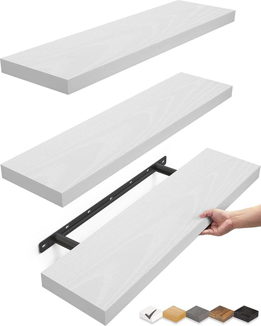BAYKA Floating Shelves for Wall, 22.5 inches Wall Mounted Rustic Wood Shelves for Bathroom, Bedroom, Living Room, Floating Shelves for Books/Storage/Decor (White,Set of 3)-NeatNest
