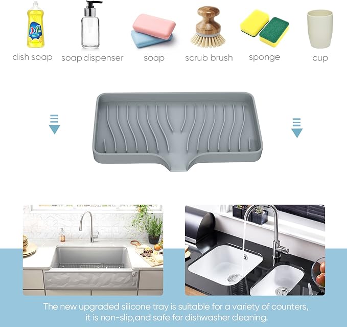 Kitchen Sink Tray,Self Draining Kitchen Soap Tray Soap Holder Silicone Sponge Holder for Kitchen Sink,Kitchen Bathroom Sink Caddy Sink Organizer for Sponge,Soap Dispenser,Dish Scrubber,Palm Brush-NeatNest