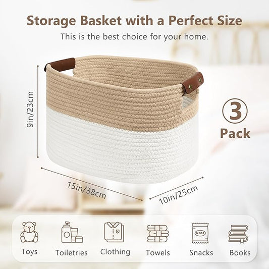 Cotton Rope Storage Baskets,15x10x9 in,Collapsible Storage Bins, Decorative Woven Basket Cube Storage Organizer for Laundry, Towel, Clothes (White/Beige-3Pack, 15x10x9 inches)-NeatNest