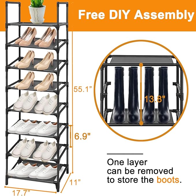 8 Tiers Shoe Rack 16-20 Pairs Shoe & Boots Sturdy Organizer Storage, Narrow Shoe Shelf for Entryway (Black, 8 Tiers)-NeatNest