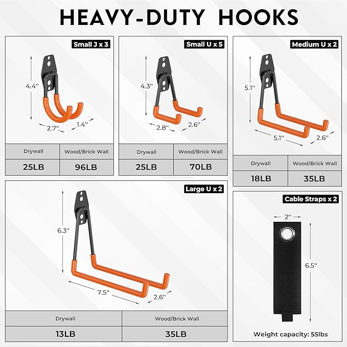 BONTEC Heavy Duty Garage Hooks, Anti-Slip Coated Black Steel with Strong Load Capacity, Multi-Sized U and J Hooks, Easy Wall Mount for Garage, Garden, Workshop (Orange, 14 Pack)-NeatNest