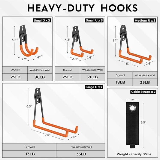 BONTEC Heavy Duty Garage Hooks, Anti-Slip Coated Black Steel with Strong Load Capacity, Multi-Sized U and J Hooks, Easy Wall Mount for Garage, Garden, Workshop (Orange, 14 Pack)-NeatNest