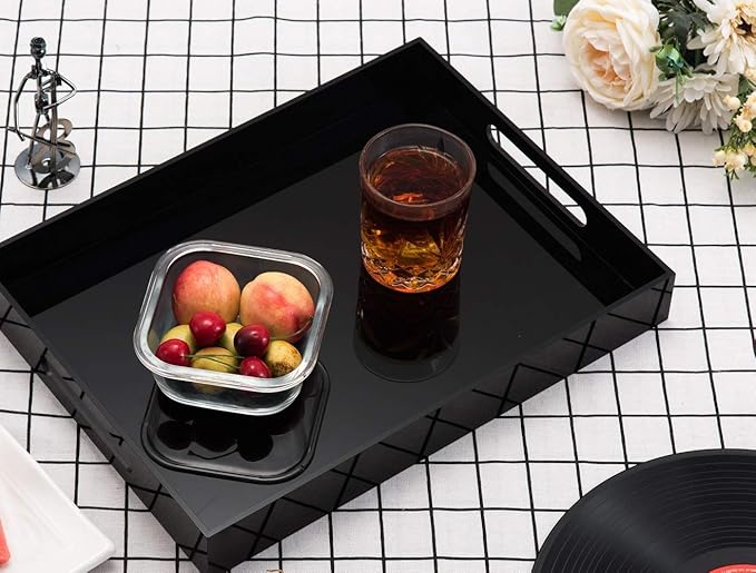 Glossy Black Sturdy Acrylic Serving Tray with Handles - 10x15 Inch, Coffee, Appetizer, Breakfast Tray - Butler, Kitchen to Vanity Table, Decorative-NeatNest