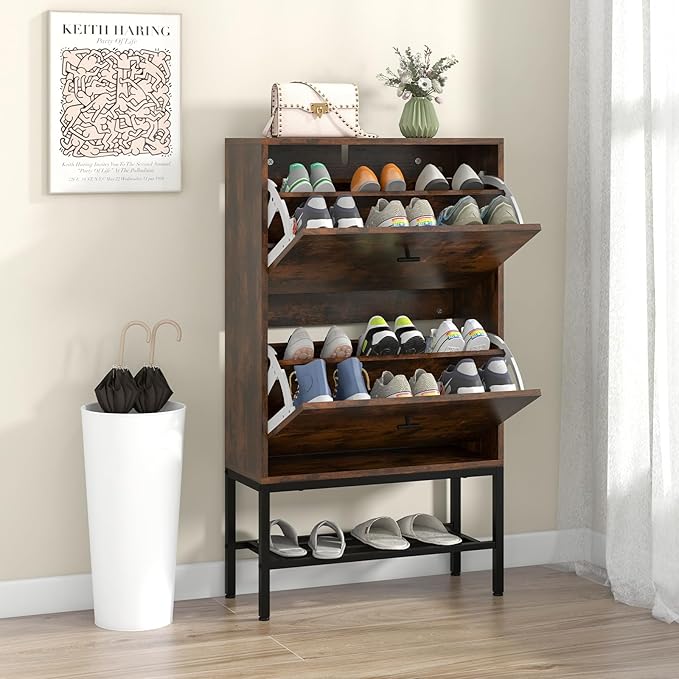 LOKO Industrial Shoe Storage Cabinet, Freestanding Shoe Organizer with 2 Flip Drawers, Adjustable & Removable Interior Shelves, Narrow Shoe Rack Cabinet for Entryway, Hallway, Rustic Brown-NeatNest