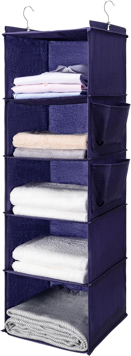 BOOMIBOO Hanging Closet Organize and Shelves,5-Hanging Shelf with 2 Side Pockets,Storage Foldable （Purple）-NeatNest