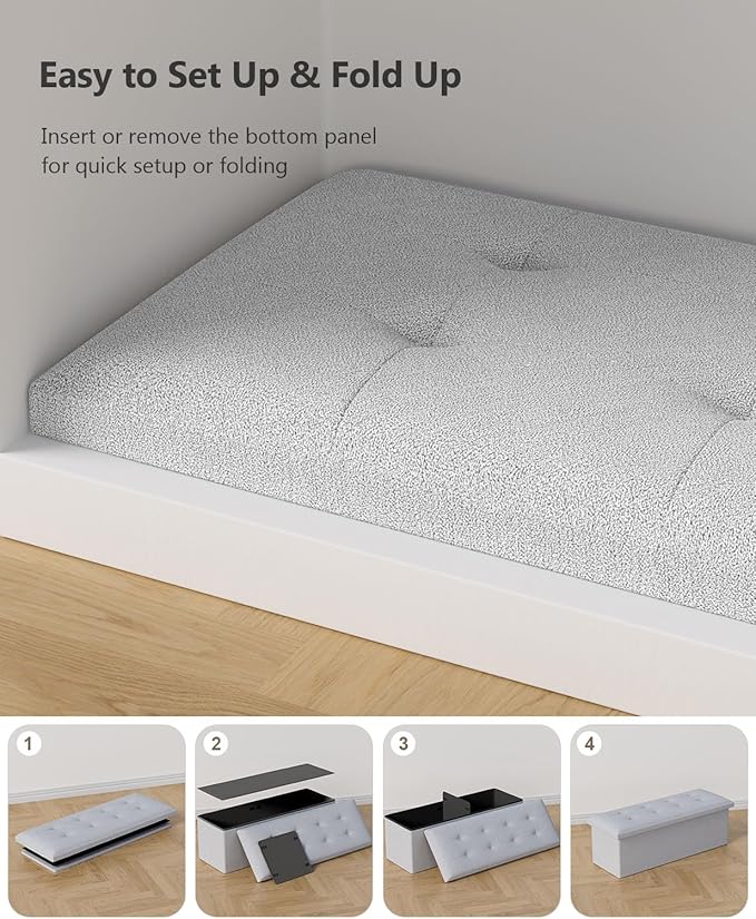 Folding Storage Ottoman Bench, Multi-Functional Ottoman Footrest, End of Bed Bench, Storage Chest for Living Room, Bedroom, Hallway, Entryway, Holds Up to 700 lbs (Light Gray, 43 Inches)