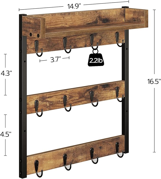 Coffee Mug Holder Stand, 3 Tier Mug Tree Rack, Hanging 12 Cups, with Top Shelf, for Kitchen, Dining Room, Living Room, Cafe, Rustic Brown MH42BR-NeatNest