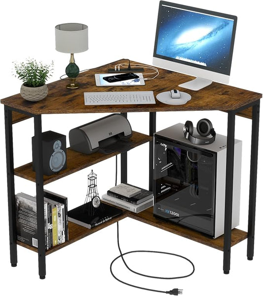 Corner Desk with Outlets & USB Ports, 90 Degree Triangle Corner Table with CPU Stand & Storage Shelves for Small Space, Computer Table with Charging Station for Home Office Bedroom (Rustic)-NeatNest