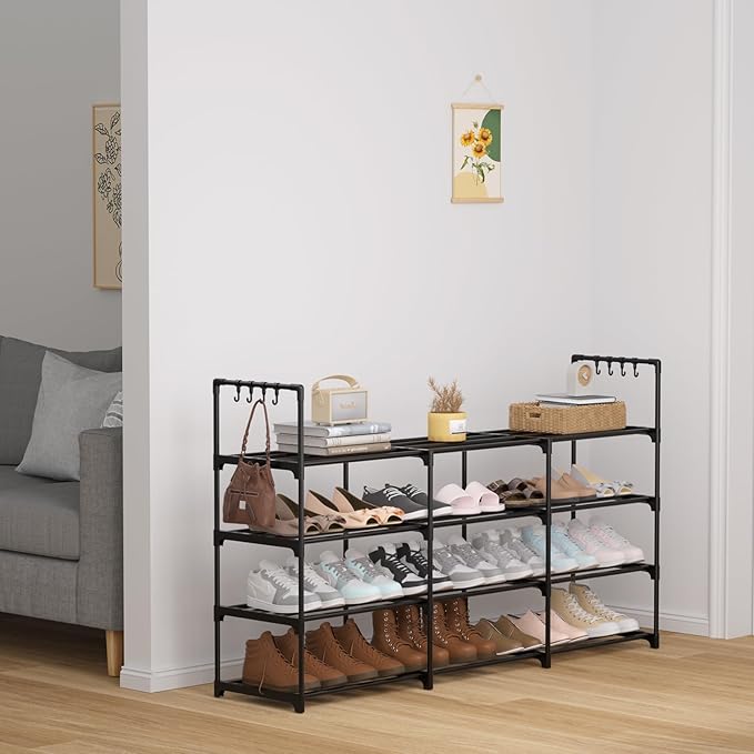 3-Row 4-Tier Shoe Rack, Black Metal Stackable Shoe Shelf with Multifunctional Hooks, Hold 24-30 Pairs, Space Saving Shoes Organizer for Closet,Show Rack-NeatNest