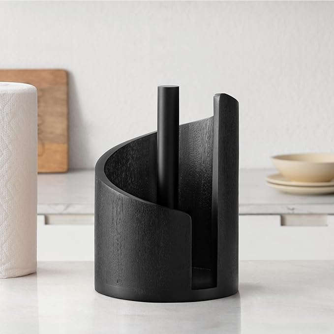 Anji Mountain Paper Towel Holder Countertop with Mango Wood Round Base and Iron Holder,Holder Stand for Kitchen Roll Organize,Wooden Paper Towel Holder for Kitchen Dining Table Home Decor
