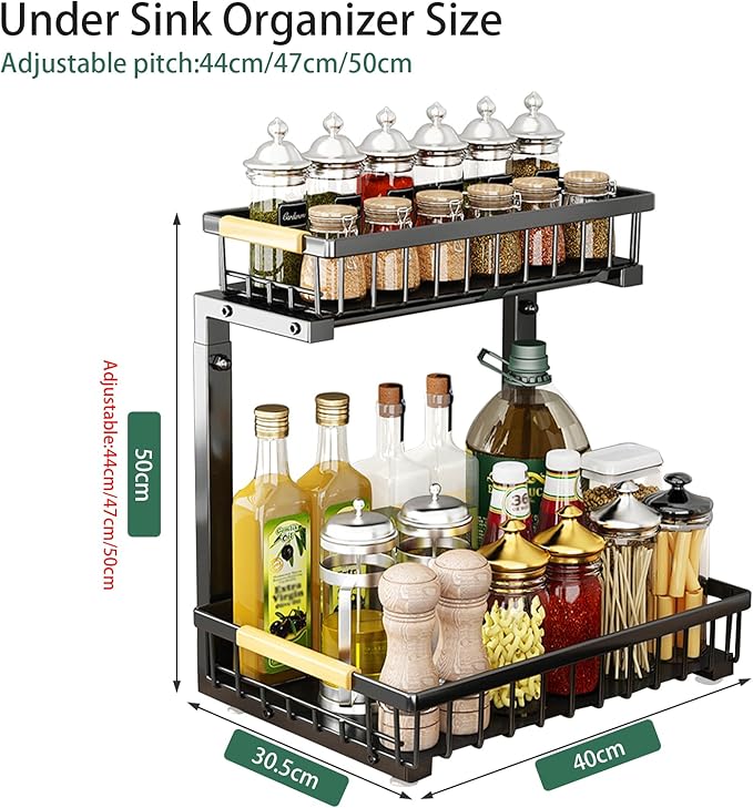 2 Tiers Under Sink Organizers, 2 Pack Metal Kitchen Storage Shelf, Pull Out Sink Storage Rack, Multi-purpose Under Sink Shelf Organizer for Under Sink Cabinet Bathroom Kitchen (Black)-NeatNest