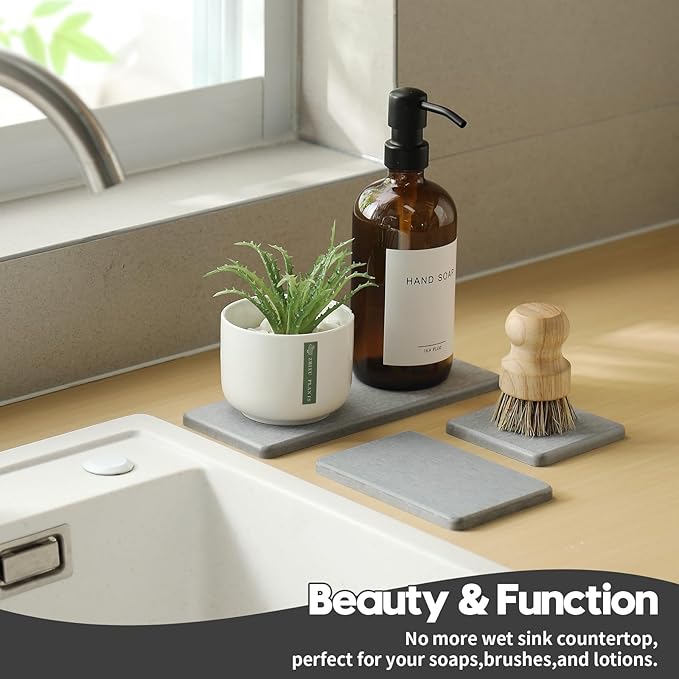 3PCS Bathroom Sink Vanity Trays, Quick Stone Drying Mat Dish Soap Dispenser Sponge Holder for Kitchen Counter, Diatomaceous Earth Water Absorbing Caddy Organizer, Light Grey-NeatNest