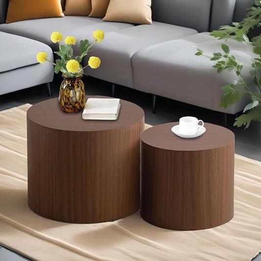 Modern Round Wooden Nesting Circle Coffee Table Set of 2 with Non-Slip Feet, Accent Side End Table, Saving Space Design and No Need Assembly,D