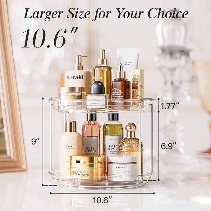 LAMU 2 Pack 10.6'' 2-Tier Lazy Susan Turntable Organizer Rotating Spice Rack Organization for Cabinet, Kitchen, Pantry, Countertop, Bathroom, Vanity, Makeup Organizer, Clear