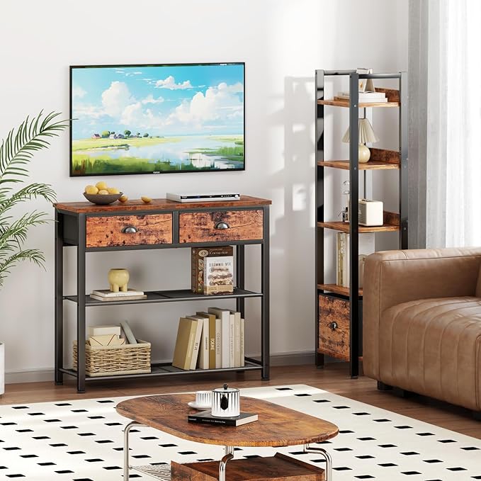 Furologee Console Sofa Table with Storage Shelf for Entry Way, Small 30'' Entryway Table with 2 Fabric Drawers, Industrial Display Shelves for Hallway, Entrance, Foyer, Rustic Brown-NeatNest