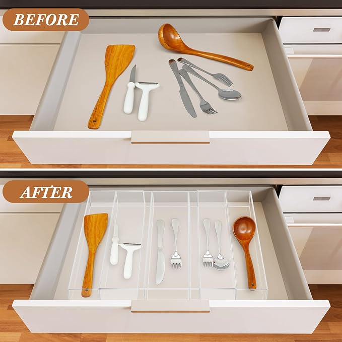 Expandable Kitchen Drawer Organizer Clear Acrylic Utensil Organizer Adjustable Acrylic Silverware Storage for Kitchen Drawers Silverware Flatware Knives(3-5 Compartments,12 x 16 Inches)