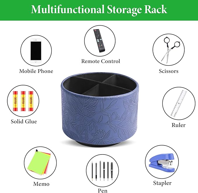 Hennaja Round Leather Art Supply Organizer,Remote Control Holder,360 Degree Spinning,Multi-Functional Pencil Holder,4 Compartments Desktop Stationary Organizer(1-Carved Dark Blue)-NeatNest