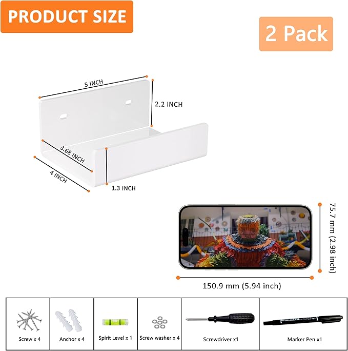 5 Inches U Shape White Acrylic Wall Shelves 2 Pack, Acrylic Small Shelves for Books, Home Décor, Digital Clock, Speaker, Toiletries-NeatNest
