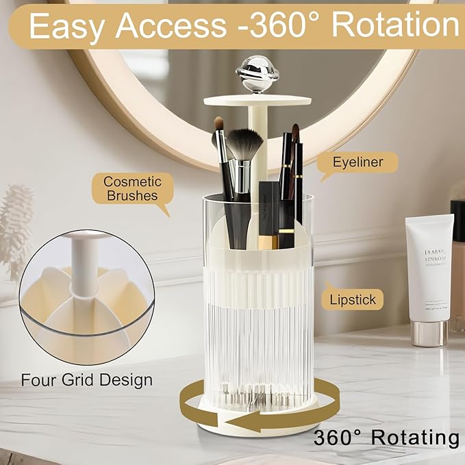 Makeup Brush Holder with Lid,One Touch Open 4 Slot Makeup Brush Case with Waterproof Dustproof, 360 Rotating Makeup Organizer for Vanity Desktop Counterto Bathroom (White)-NeatNest