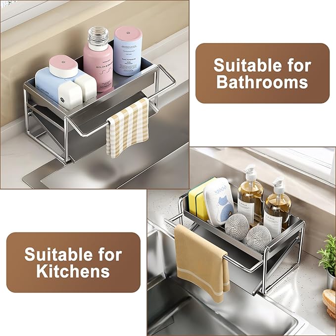 Kitchen Sink Sponge Rack, Self Draining Kitchen Sink Storage Rack, Rust-Proof Stainless Steel Dish Sponge Storage Rack (with Dish Cloth Rack), Bathroom Soap Dispenser Storage, Gray-NeatNest