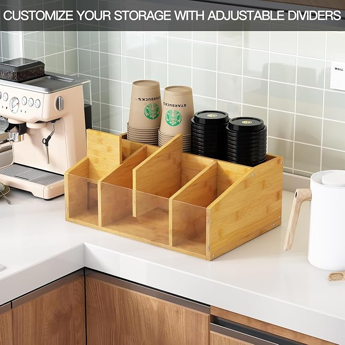 Coffee Station Organizer Condiment Organizer for Countertop Farmhouse Coffee Caddy with Removable Dividers Small Cute Office Bar Accessories for Tea Bags, Pods, Syrup, Cups, and Stirrer-NeatNest