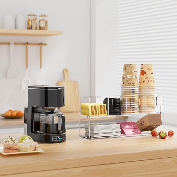 Coffee Condiment and Cup Organizer - 2-Tier Upright Cup and Lid Holder with Straw Organizer 5 Compartments Clear Acrylic Cup Dispenser for Restaurant Breakroom Coffee Station Countertop-NeatNest