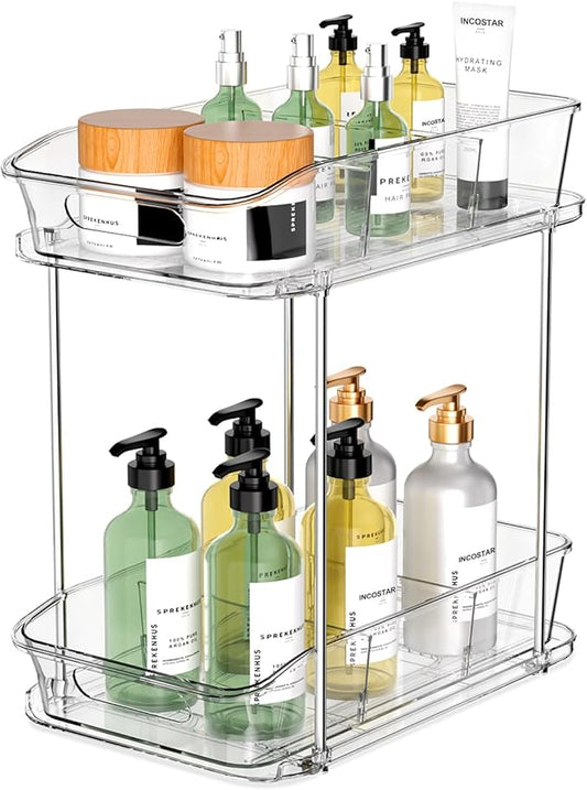 2 Tier Pull-Out Organizer for Bathroom Kitchen, Under Sink Storage with Dividers, Ideal for Cabinet, Cupboard Organization, Slide-Out Clear Storage, 1 Pack-NeatNest
