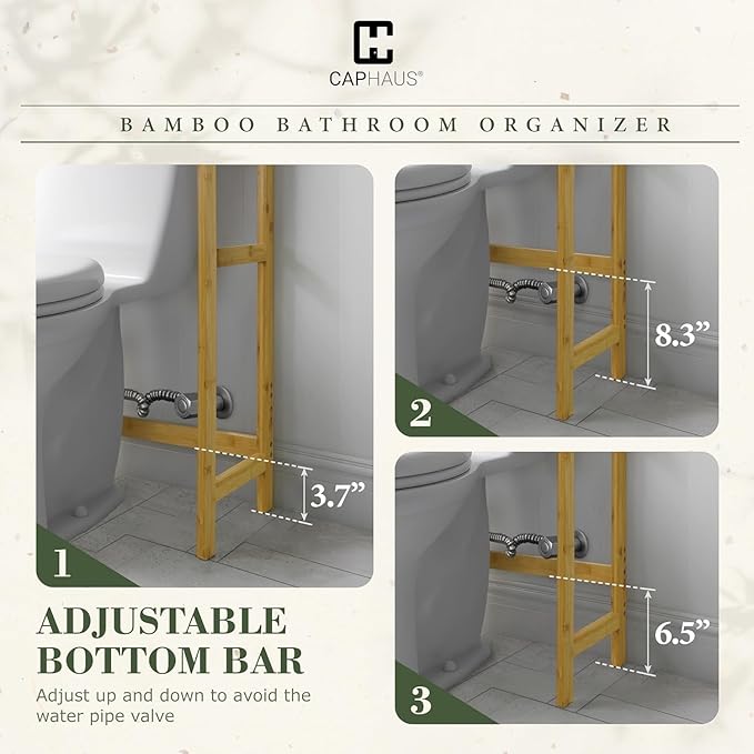 CAPHAUS Over The Toilet Storage Shelf,3-Tier Over-The-Toilet Shelf Rack with Adjustable Feet & Hooks, Freestanding Bamboo Toilet Shelf, Bathroom & Laundry Organizer, Balcony Plant Stand, Black-NeatNest