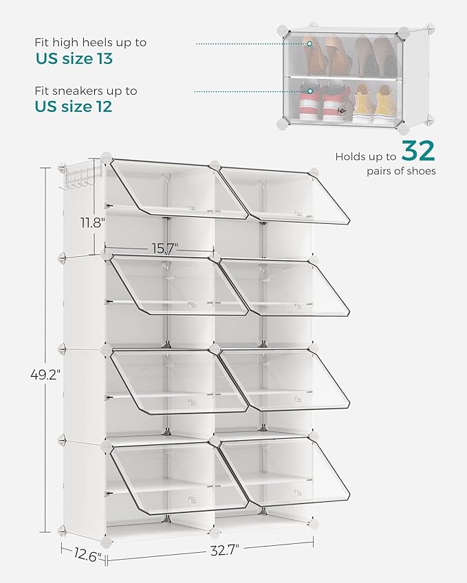 SONGMICS Shoe Rack Organizer, 8-Tier Shoe Storage Cabinet for Closet and Entryway, Holds 32 Pairs of Shoes, Adjustable, White ULPC034W01-NeatNest