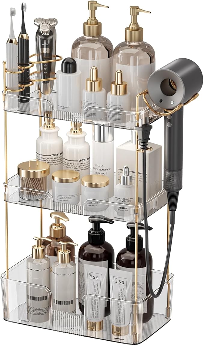 YCIA&DONE Luxury Bathroom Counter Organizer, Large Makeup Organizer Countertop, Shelf Organizer, Vanity Tray, Easily Assemble for Bathroom Organizers and Storage, Undersink, Cabinet, 3 Tiers Clear-NeatNest