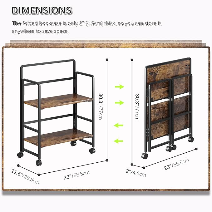 4NM 2 Tiers No-Assembly Folding Bookshelf with Wheels, Portable Rolling Storage Foldable Bookcase & Compact Side Table for Living Room, Bedroom, Kitchen, Bathroom (Rustic Brown and Black)