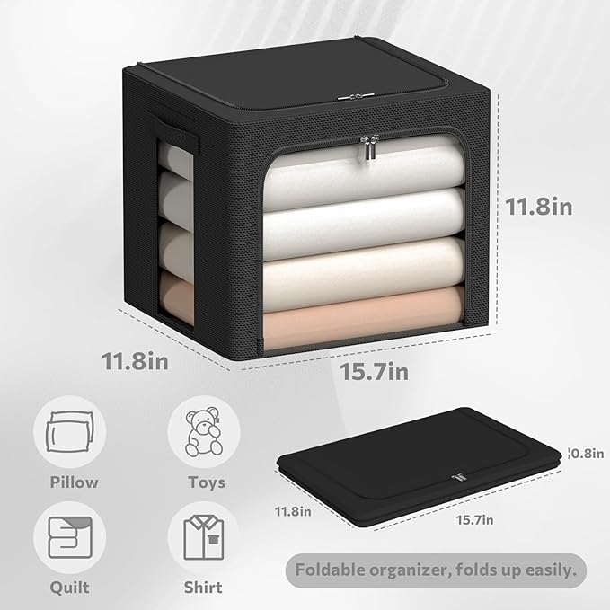 3Pack Frame Storage Box - Clothes Storage Bin Bags Oxford Fabric Foldable Stackable Container Organizer Set with Clear Window & Carry Handles (Black, X-Small-36L)-NeatNest