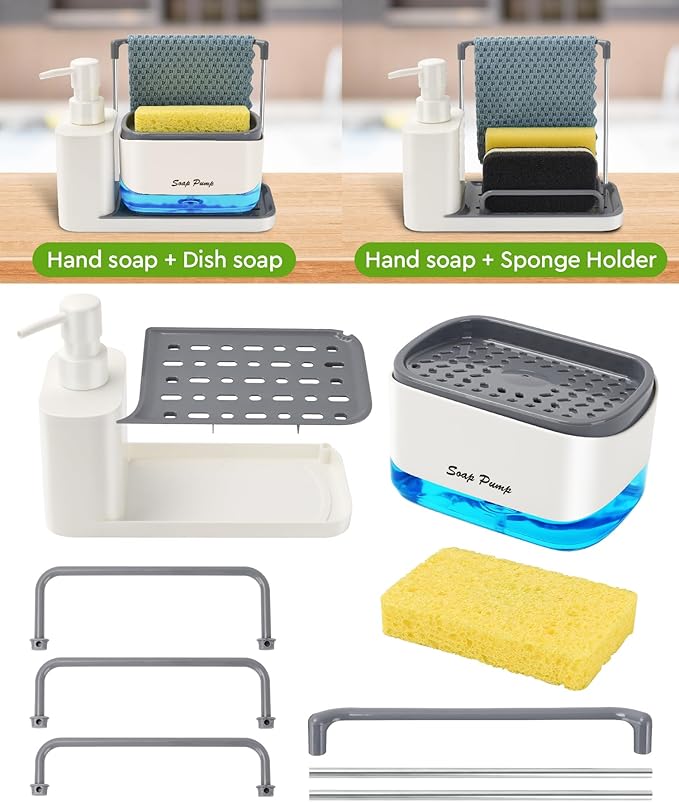 Hand and Dish Soap Dispenser Set with Tray, Dual Soap Dispenser with Sponge Holder and Dishcloth Holder 5-in-1 Organizer for Kitchen Sink Countertop Storage Organize - Useful Kitchen Gadgets (White)-NeatNest