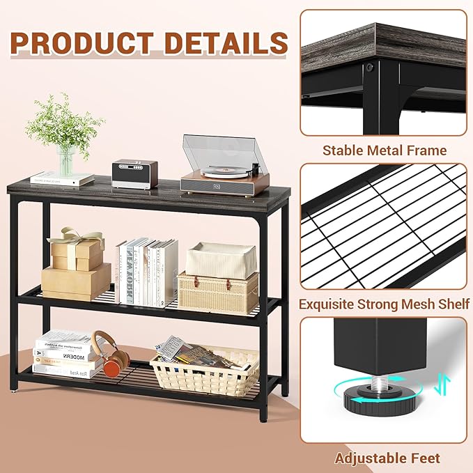 47" Console Table, 3-Tier Entryway Table, Sofa Table with Mesh Shelves, Console Tables for Living Room, Bedroom, Hallway, Entryway, Foyer, Grey-NeatNest