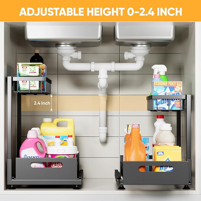 2 Pack Under Sink Organizer Storage 2-Tier Premium Metal Pull-Out Racks, Height Adjustable, Easy Installation | Kitchen & Bathroom Organizers-NeatNest