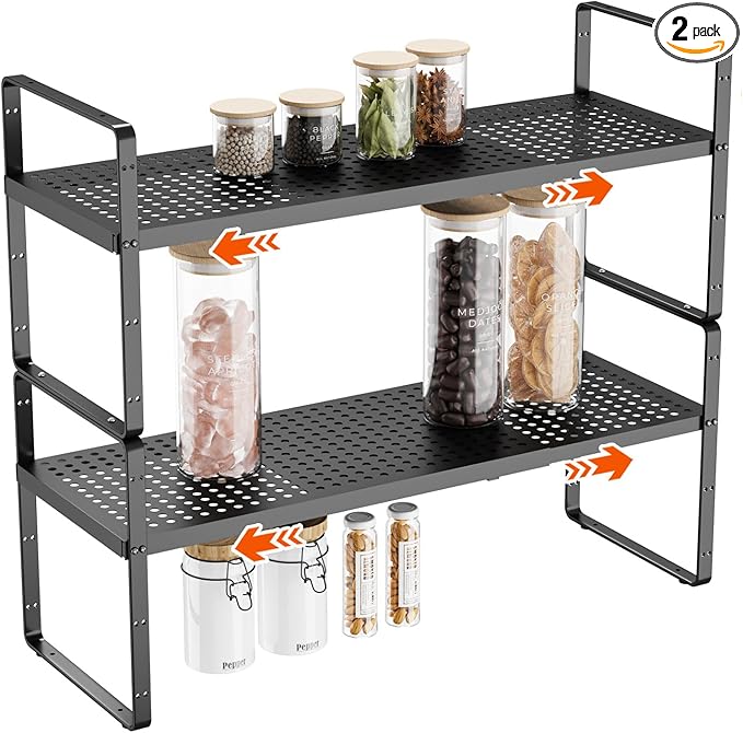 2Pack 16.5-27’’L Expandable Cabinet Countertop Shelf Organizer, Stackable Metal Shelves, Kitchen Organizers and Storage, Black Storage Spice Rack for Pantry and Cupboard-NeatNest