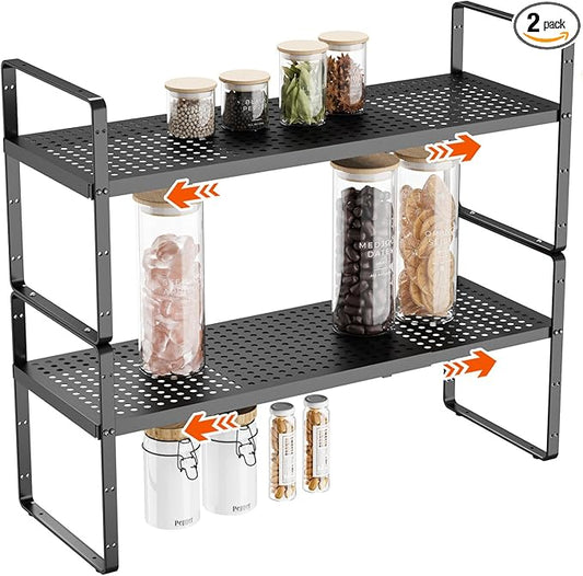 2Pack 16.5-27’’L Expandable Cabinet Countertop Shelf Organizer, Stackable Metal Shelves, Kitchen Organizers and Storage, Black Storage Spice Rack for Pantry and Cupboard-NeatNest